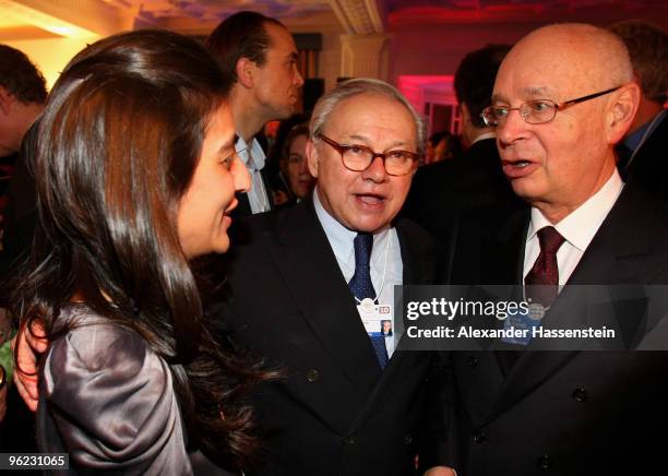 Publisher Hubert Burda talks to Megha Mittal, CEO of Escada and Klaus Schwab, founder of the world economic forum, during the Burda DLD Nightcap 2010...