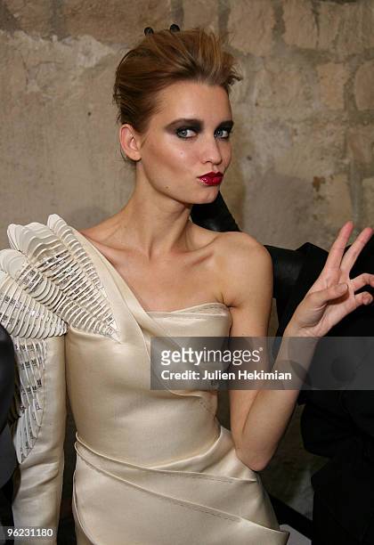 Model poses backstage during the Stephane Rolland Haute Couture show as part of the Paris Fashion Week S/S 2010at Cite de l'Architecture et du...