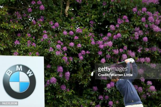 Branden Grace of South Africa tees off on the seventh during day two of the BMW PGA Championship at Wentworth on May 25, 2018 in Virginia Water,...
