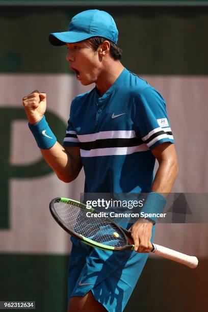 Duckhee Lee of Korea celebrates a point during his third round menÕs qualifying singles match against Jaume Munar of Spain at Roland Garros on May...