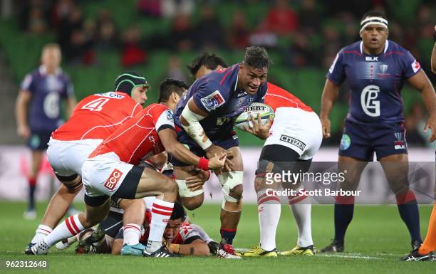 Amanaki Mafi of the Rebels runs with the ball during the round 15 Super Rugby match between the Rebels and the Sunwolves at AAMI Park on May 25, 2018...