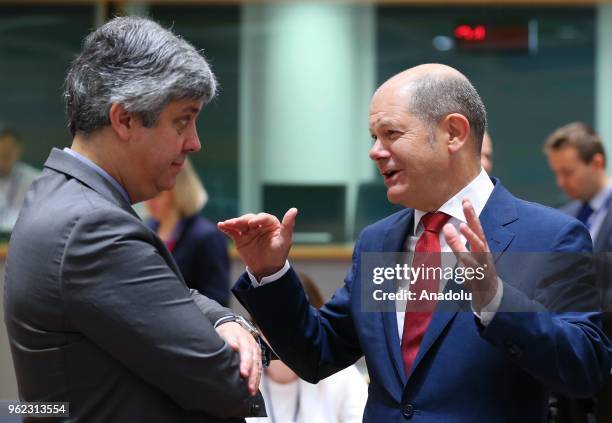 German Finance Minister Olaf Scholz and Eurogroup President Mario Centeno attend Economic and Financial Affairs Council meeting in Brussels, Belgium...