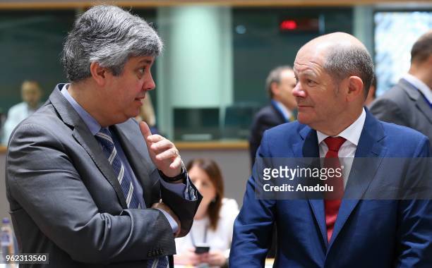 German Finance Minister Olaf Scholz and Eurogroup President Mario Centeno attend Economic and Financial Affairs Council meeting in Brussels, Belgium...