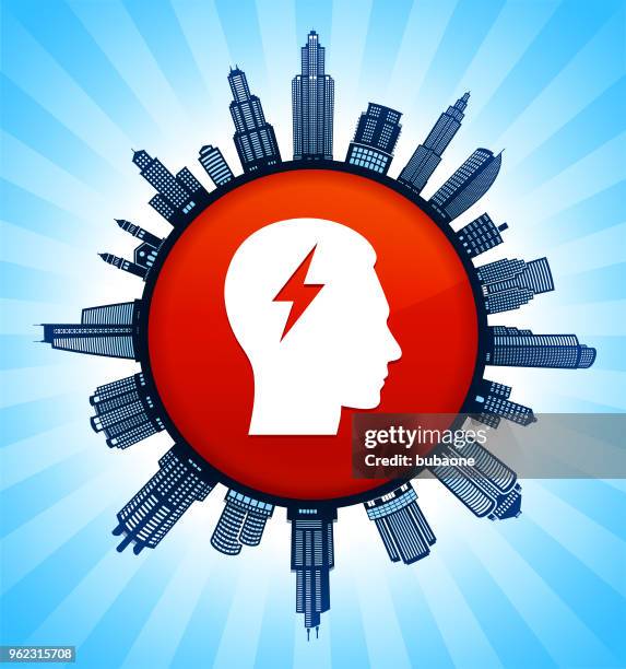 electric mind on modern cityscape skyline background - window bolt stock illustrations