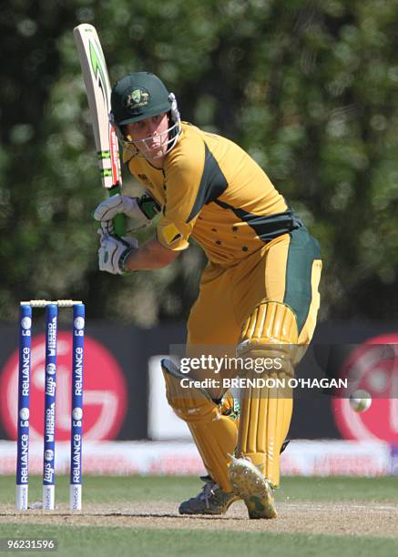 Australian batsman Mitchell Marsh hits the ball during the Australia vs Sri Lanka match to find the second semi Final game of the Under19 Cricket...