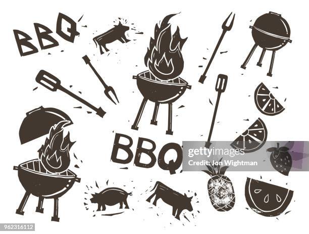 illustrations, cliparts, dessins animés et icônes de timbres de linogravure de barbecue - linoleum