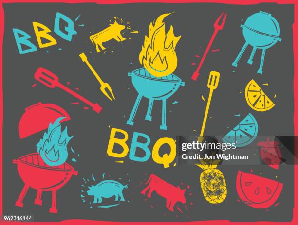 barbecue linocut stamps - pineapple texture stock illustrations