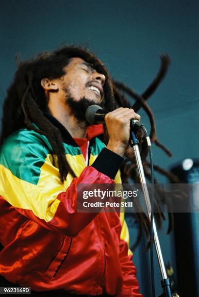 Bob Marley performs on stage at Crystal Palace Bowl on June 7th, 1980 in London, United Kingdom.