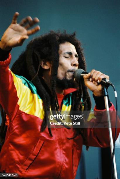 Bob Marley performs on stage at Crystal Palace Bowl on June 7th, 1980 in London, United Kingdom.