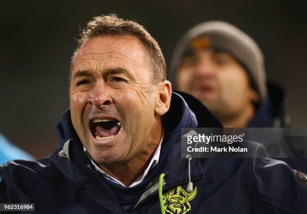 Raiders coach Ricky Stuart reacts during the round 12 NRL match between the Canberra Raiders and the Manly Sea Eagles at GIO Stadium on May 25, 2018...