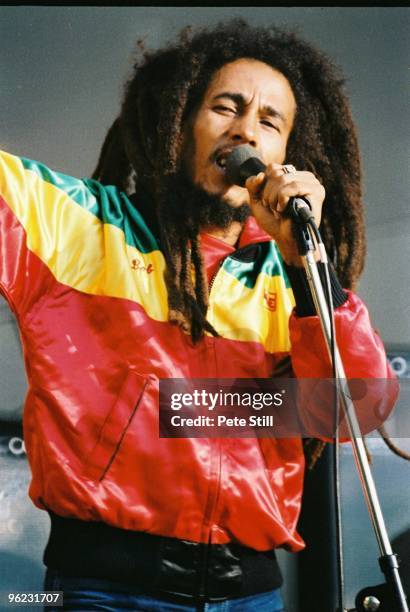 Bob Marley performs on stage at Crystal Palace Bowl on June 7th, 1980 in London, United Kingdom.