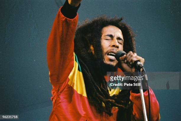 Bob Marley performs on stage at Crystal Palace Bowl on June 7th, 1980 in London, United Kingdom.