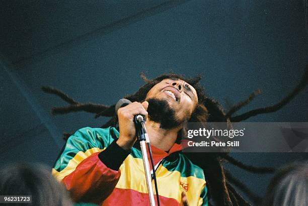 Bob Marley performs on stage at Crystal Palace Bowl on June 7th, 1980 in London, United Kingdom.