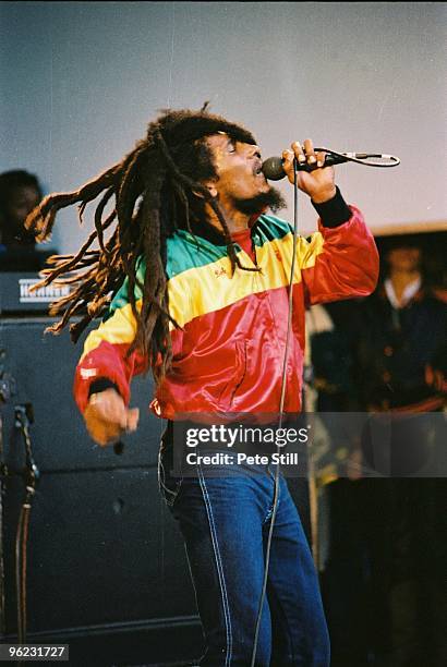 Bob Marley performs on stage at Crystal Palace Bowl on June 7th, 1980 in London, United Kingdom.