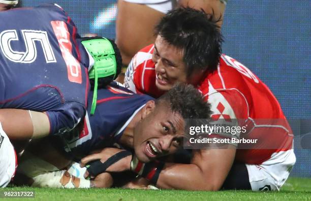 Amanaki Mafi of the Rebels scores a try during the round 15 Super Rugby match between the Rebels and the Sunwolves at AAMI Park on May 25, 2018 in...