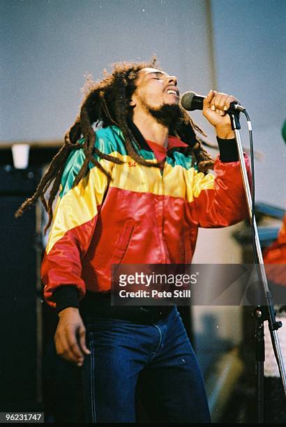 Bob Marley performs on stage at Crystal Palace Bowl on June 7th, 1980 in London, United Kingdom.
