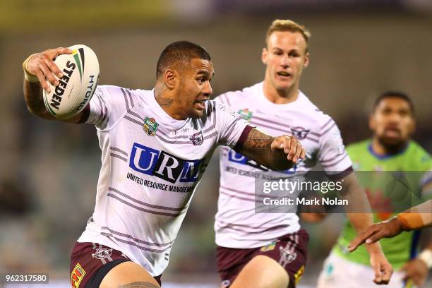 Frank Winterstein of the Eagles runs the ball during the round 12 NRL match between the Canberra Raiders and the Manly Sea Eagles at GIO Stadium on...