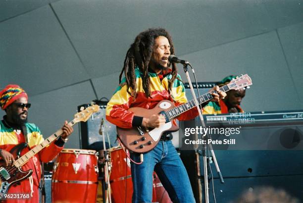 Aston 'Family Man' Barrett and Bob Marley perform on stage at Crystal Palace Bowl on June 7th, 1980 in London, United Kingdom.