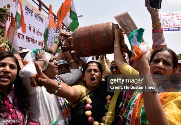 Mumbai Congress protest against rising prices of petrol and diesel at Kalina Highway, on May 24, 2018 in Mumbai, India. During the protest, Congress...