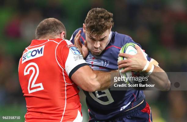 Tom English of the Rebels runs with the ball during the round 15 Super Rugby match between the Rebels and the Sunwolves at AAMI Park on May 25, 2018...
