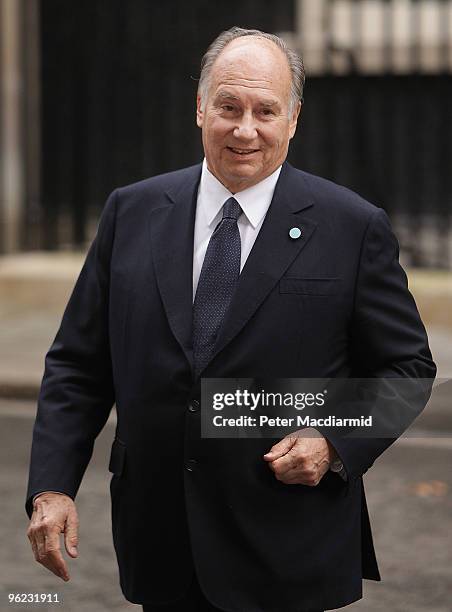 His Highness the Aga Khan Prince Karim al-Hussaini walks from Downing Street after a breakfast meeting with British Prime Minister Gordon Brown on...