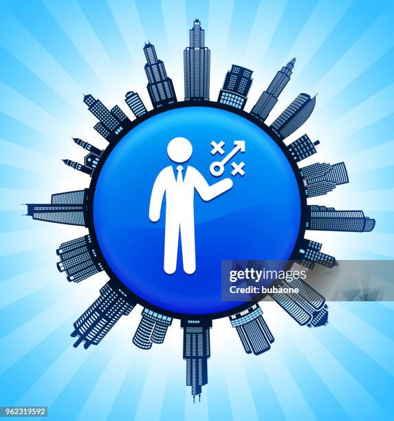 businessman & game plan on modern cityscape skyline background - toy window stock illustrations
