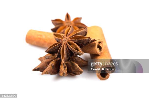 stars of anise and cinnamon on white background - anise plant stock pictures, royalty-free photos & images