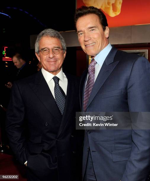 Universal Studios President and COO Ron Meyer and California Governor Arnold Schwarzenegger arrive at the premiere of "Nuclear Tipping Point" at...