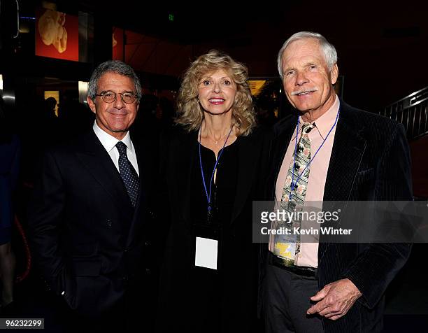 Universal Studios President and COO Ron Meyer , Sally Ranney and philanthropist Ted Turner arrive at the premiere of "Nuclear Tipping Point" at...