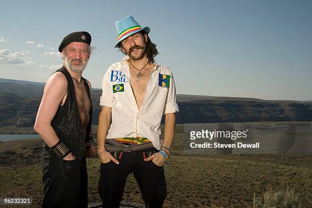 Sergey Ryabtsev and Eugene Hutz of Gogol Bordello pose backstage for a portrait at the Sasquatch Music Festival at Gorge Amphitheatre on May 25th...