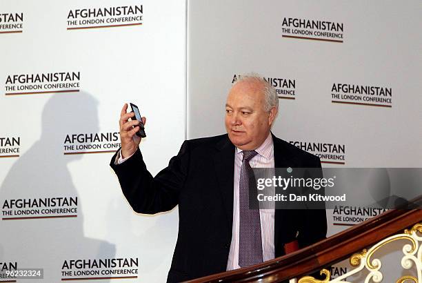 Foreign Minister Miguel Angel Moratinos Cuyaube of Spain arrives at the Afghanistan London Conference at Lancaster House on January 28, 2010 in...