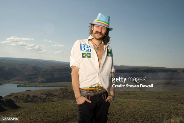 Eugene Hutz of Gogol Bordello poses backstage for a portrait at the Sasquatch Music Festival at Gorge Amphitheatre on May 25th 2009 in George, United...