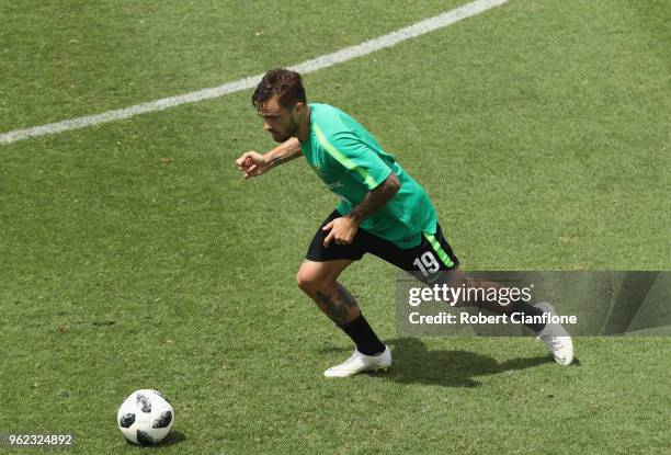 Josh Risdon of Australia controls the ball during the Australian Socceroos Training Session at Gloria Football Club on May 25, 2018 in Antalya,...