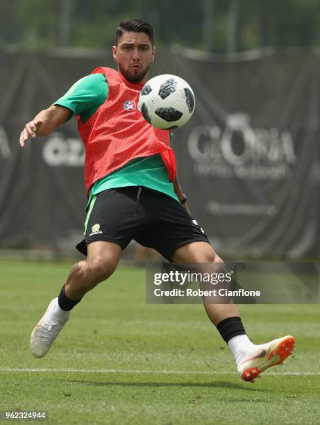 Dimitri Petratos of Australia watches the ball during the Australian Socceroos Training Session at Gloria Football Club on May 25, 2018 in Antalya,...