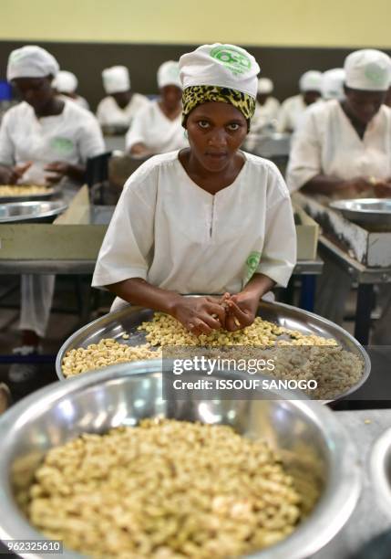 Woman performs the peeling of cashew nuts at a cashew nuts processing factory in the central Ivorian city of Bouake on May 24, 2018.