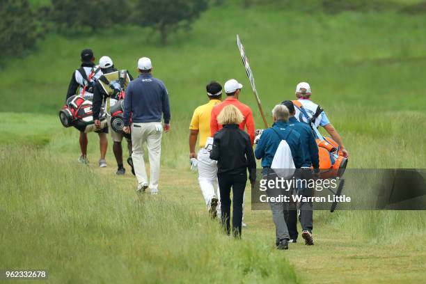 Branden Grace of South Africa walks down the seventh during day two of the BMW PGA Championship at Wentworth on May 25, 2018 in Virginia Water,...