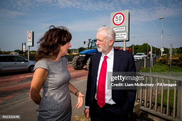 Labour leader Jeremy Corbyn with Professor Deirdre Heenan during a visit to Lifford Bridge on the Irish border, during the second day of a two-day...