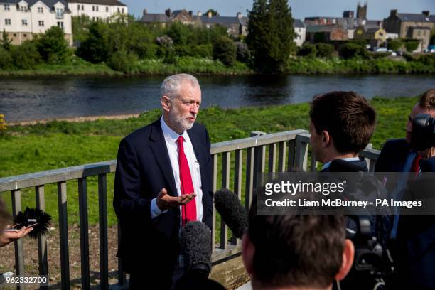 Labour leader Jeremy Corbyn is asked questions after a visit to Lifford Bridge on the Irish border, during the second day of a two-day trip to learn...