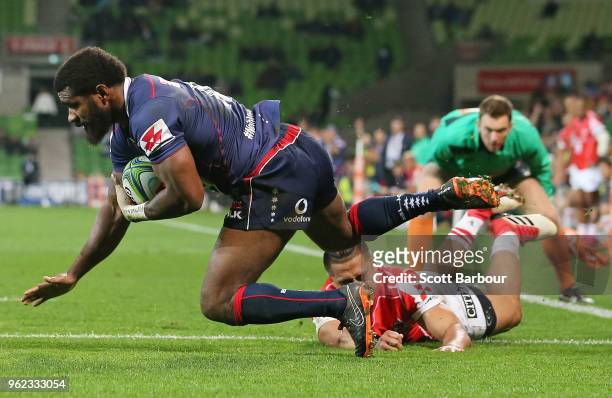 Marika Koroibete of the Rebels scores his second try during the round 15 Super Rugby match between the Rebels and the Sunwolves at AAMI Park on May...