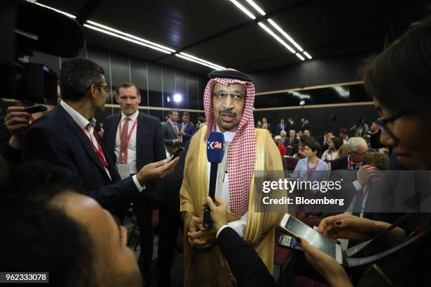 Khalid al-Falih, Saudi Arabia's energy minister, speaks to the media at the St. Petersburg International Economic Forum in St. Petersburg, Russia, on...