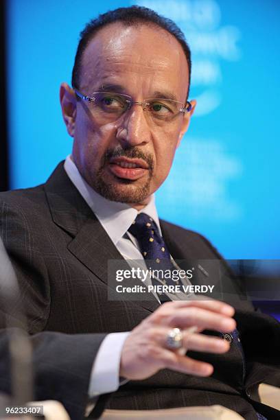 Saudi Aramco President and Chief Executive Khalid Al Falih talks during the "Global energy outlook" conference, on the second day of the World...