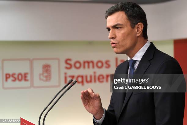 Leader of Spanish Socialist Party PSOE, Pedro Sanchez, attends a press conference in Madrid on May 25, 2018. - 'Spains biggest opposition party, the...