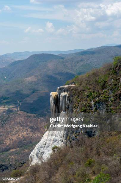 View of the large waterfall at Hierve el Agua, which is a deposit of calcium carbonate and other minerals, near Oaxaca, southern Mexico.