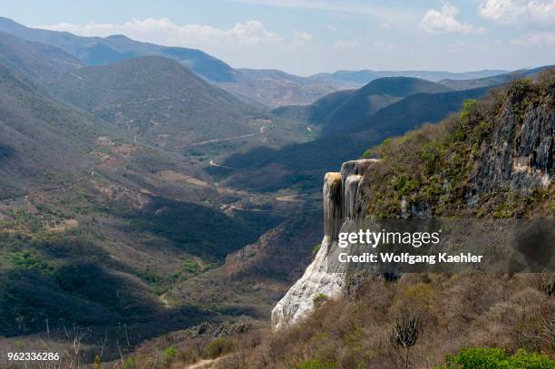 View of the large waterfall at Hierve el Agua, which is a deposit of calcium carbonate and other minerals, near Oaxaca, southern Mexico.