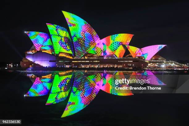 The Sydney Opera House is seen illuminated as part of Vivid Sydney Light Festival on May 25, 2018 in Sydney, Australia. Vivid Sydney is an annual...