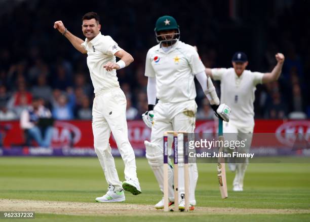 James Anderson of England celebrates taking the wicket of Azhar Ali of Pakistan during day two of the 1st Test match between England and Pakistan at...