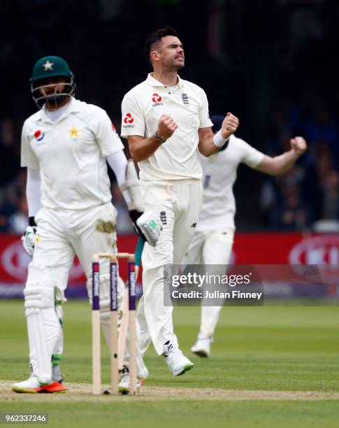 James Anderson of England celebrates taking the wicket of Azhar Ali of Pakistan during day two of the 1st Test match between England and Pakistan at...