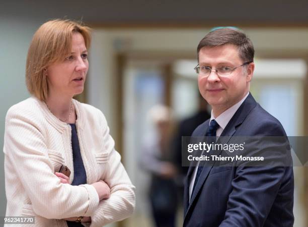 Commission Deputy secretary general Ilze Juhansone is talking with the EU Euro & Social Dialogue Commissioner Valdis Dombrovskis during an EU EcoFin...