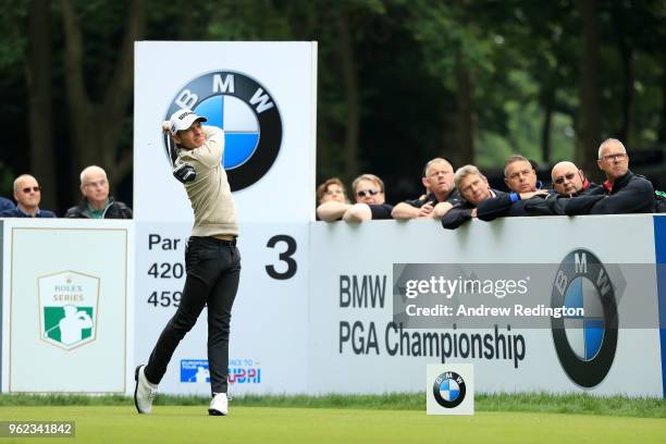 Joakim Lagergren of Sweden tees off on the third during day two of the BMW PGA Championship at Wentworth on May 25, 2018 in Virginia Water, England.