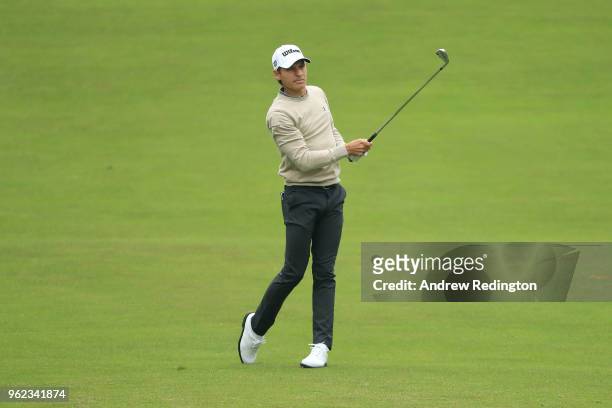 Joakim Lagergren of Sweden plays his second shot on the third during day two of the BMW PGA Championship at Wentworth on May 25, 2018 in Virginia...
